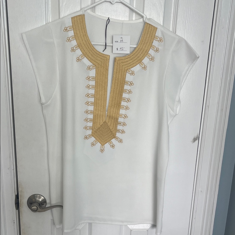 Embroidered Split-Neck Women's Top - White with Gold Trim